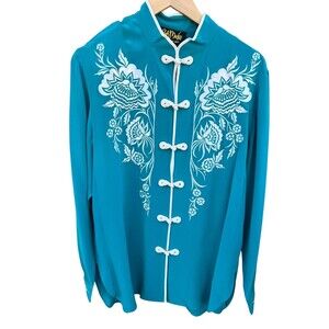 Bob Mackie Wearable Art Vintage Silk Chinese Traditional Blouse Teal Size L NEW